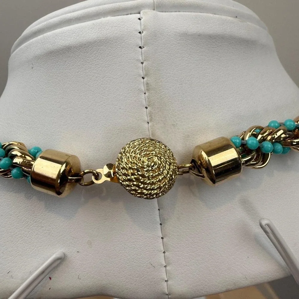 Avon Gold Tone Necklace Turquoise Bead Twisted Rope Statement Retro Design